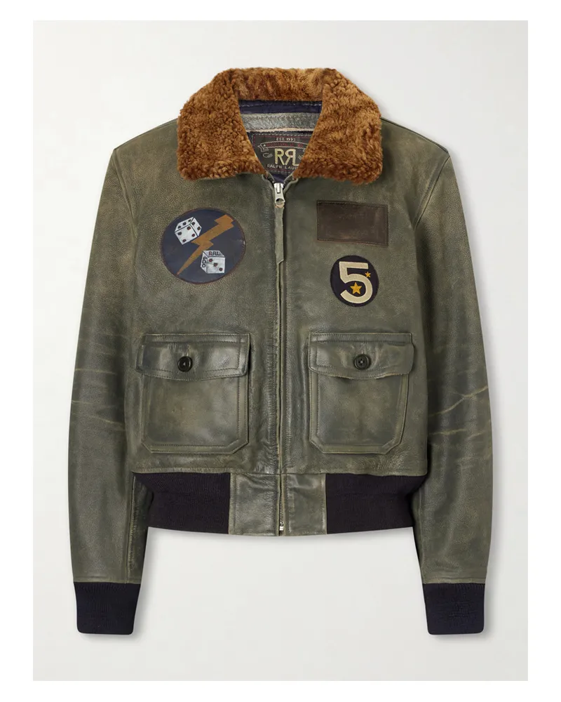 RRL Harper Plush-trimmed Appliquéd Leather Bomber Jacket - Blue Blue