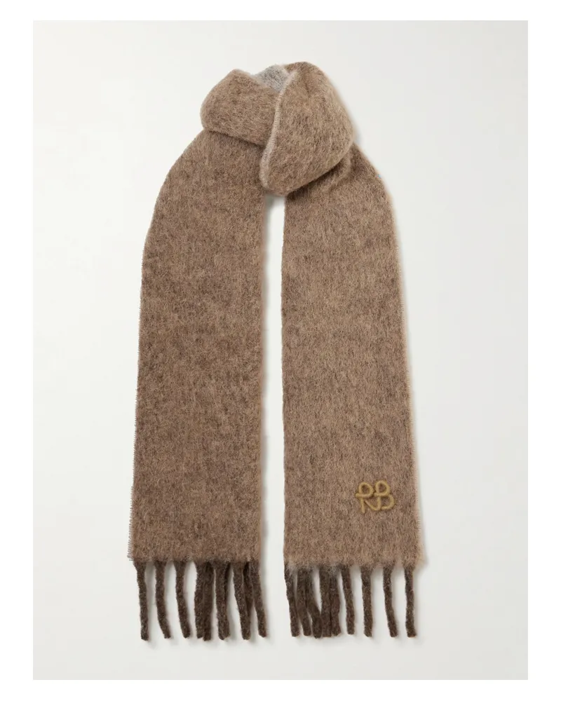 RUSLAN BAGINSKIY Appliquéd Fringed Knitted Scarf - Brown Brown