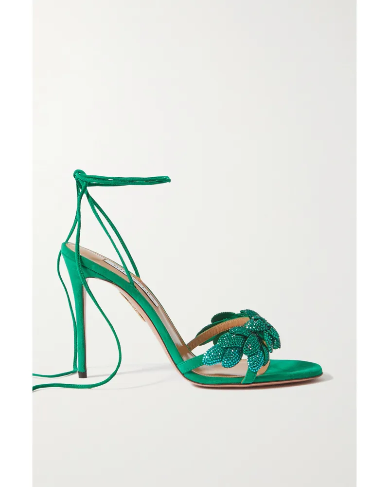Aquazzura Galactic Flower 105 Schnürsandalen Aus Leder Und Veloursleder Mit Kristallen - Grün Grün