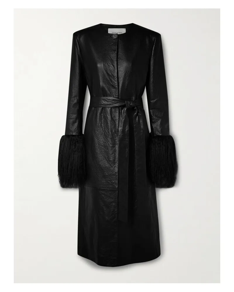 Magda Butrym Mantel Aus Strukturiertem Leder Mit Besatz Aus Faux Fur Und Bindegürtel - Schwarz Schwarz