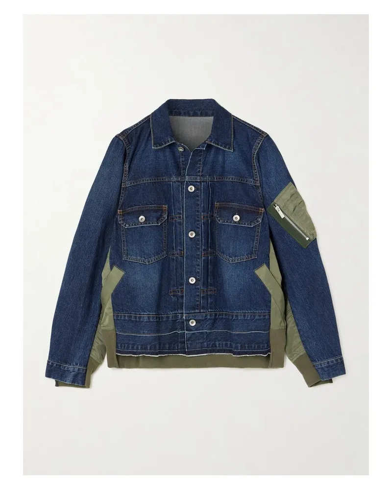 Sacai Jacke Aus Denim Und Shell Mit Distressed-details In Patchwork-optik - Blau Blau
