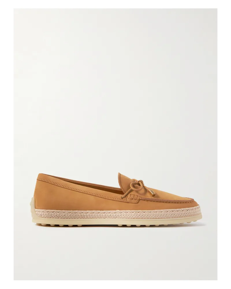 TOD'S Gomma Loafers Aus Veloursleder Mit Raffiabastbesatz Und Schleife - Braun Braun