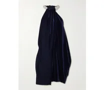 Embellished Draped Velvet Halterneck Mini Dress - Blue