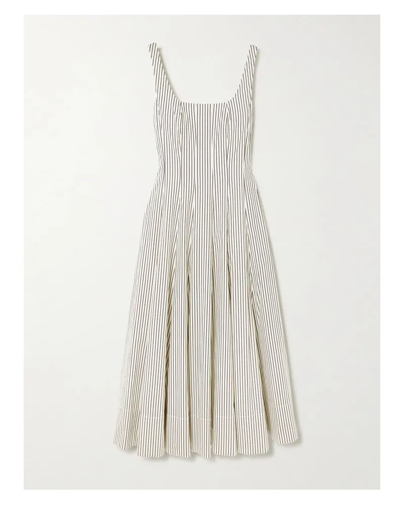 STAUD Wells Midikleid Aus Gestreifter Popeline Aus Einer Baumwollmischung Mit Falten - Elfenbein Elfenbein