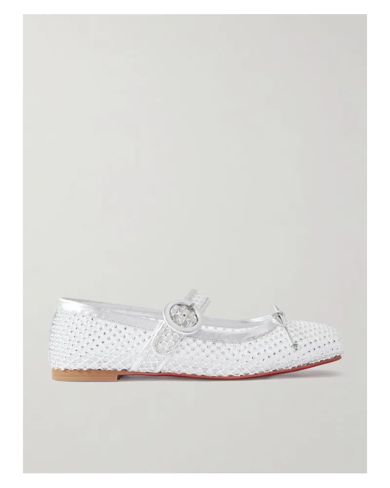 Christian Louboutin Mamastrapitina Mary-jane-ballerinas Aus Mesh Mit Lederbesätzen Und Kristallen - Weiß Weiß