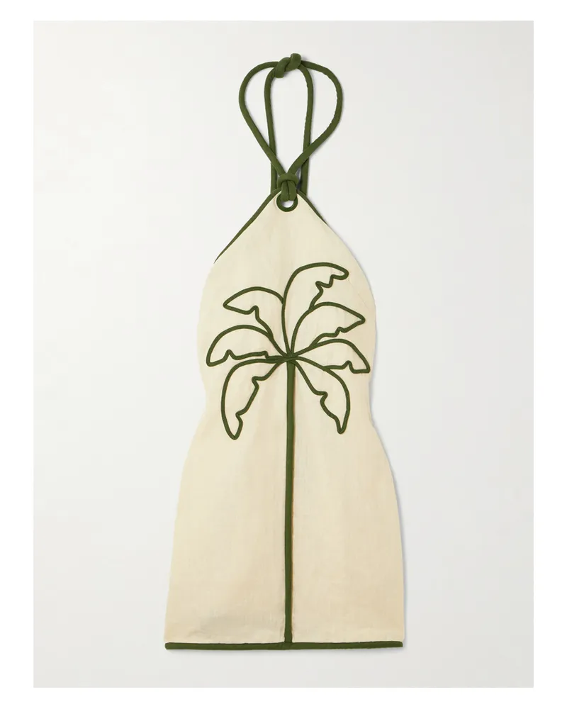 FARM Rio Appliquéd Linen Halterneck Mini Dress - Neutrals Neutrals