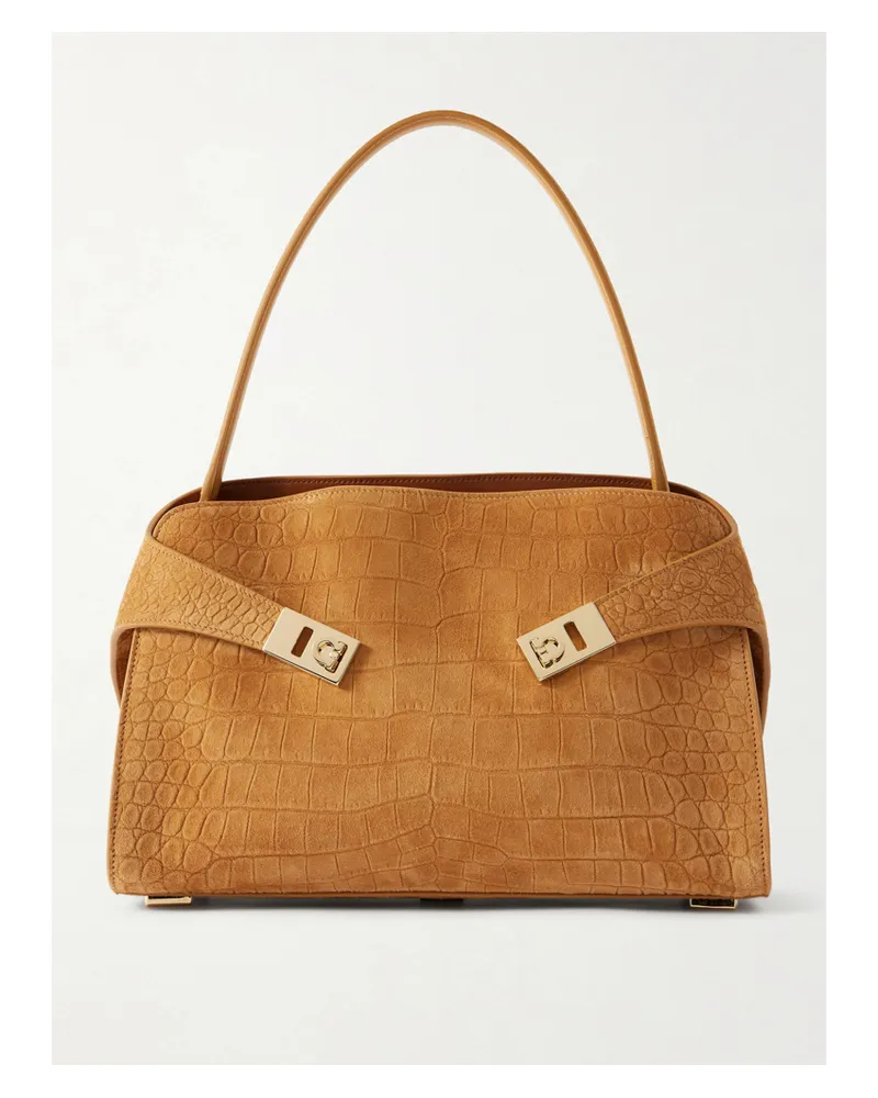 Ferragamo Hug Small Embellished Croc-effect Suede Tote - Brown Brown