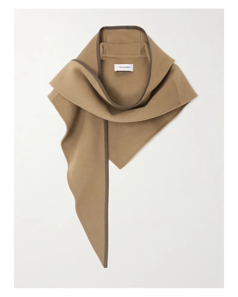 Yves Salomon Leather-trimmed Wool And Cashmere-blend Scarf - Brown Brown