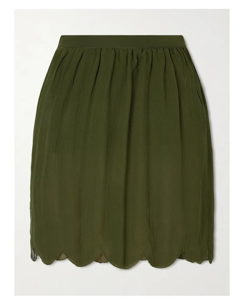BODE Mab Scalloped Gathered Silk-crepon Mini Skirt - Green Green