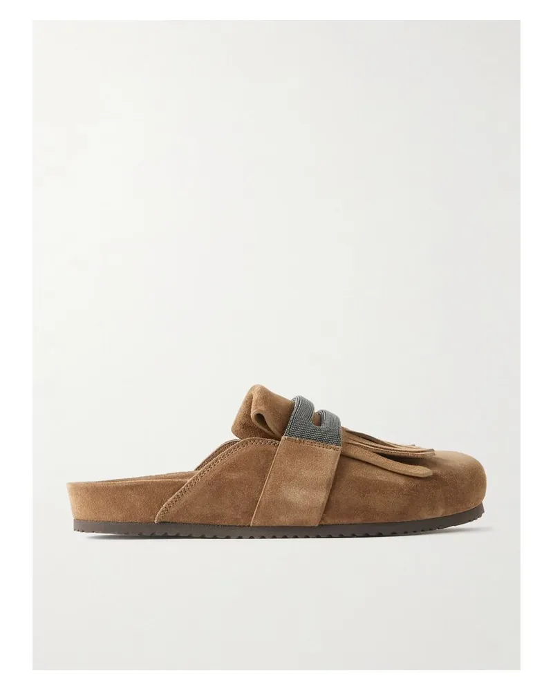 Brunello Cucinelli Fussbett Slippers Aus Veloursleder Mit Zierperlen Und Fransen - Braun Braun