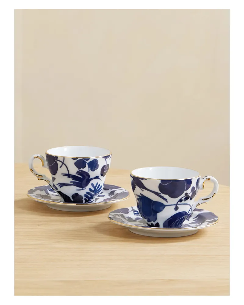 La DoubleJ Set Aus Zwei Tee- Und Untertassen Aus Porzellan Mit Vergoldeten Details - Blau Blau