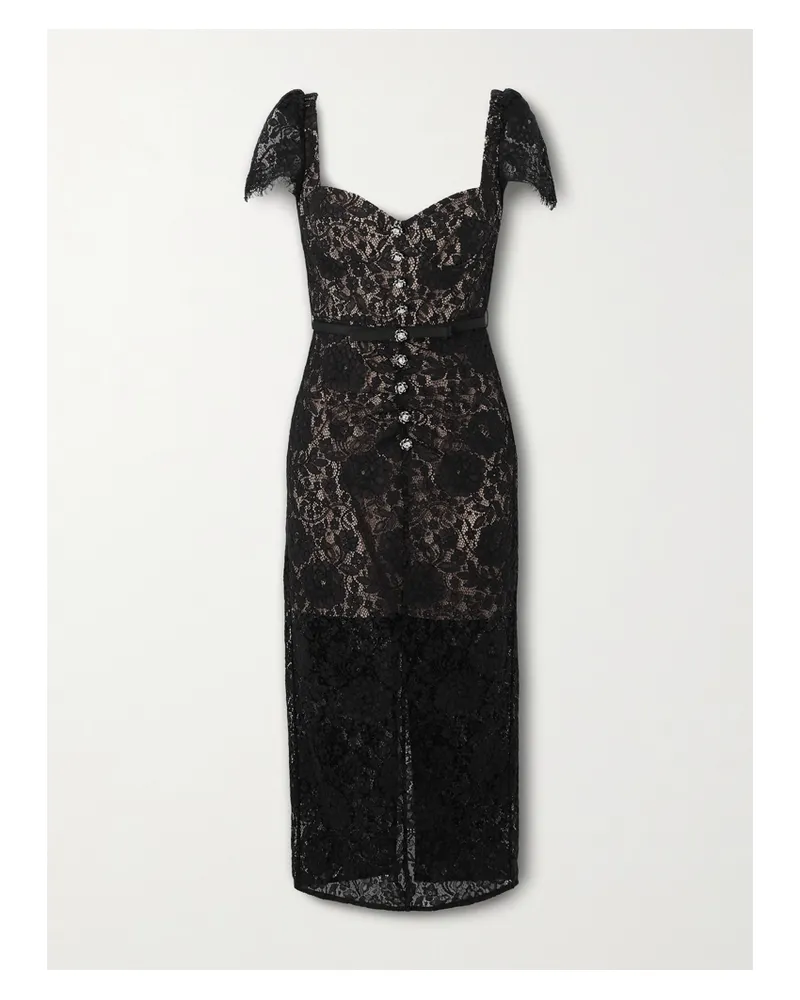 Self-Portrait Belted Embellished Cotton-blend Lace Midi Dress - Black Black