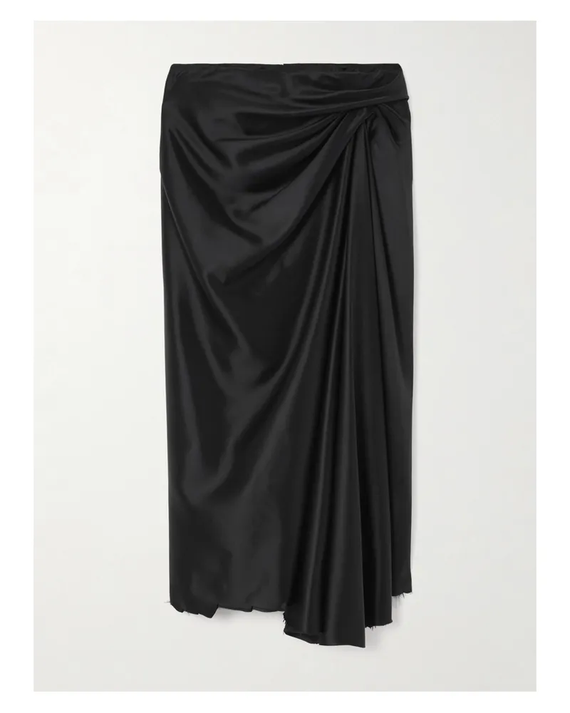Balenciaga Asymmetric Frayed Gathered Draped Satin Midi Skirt - Black Black