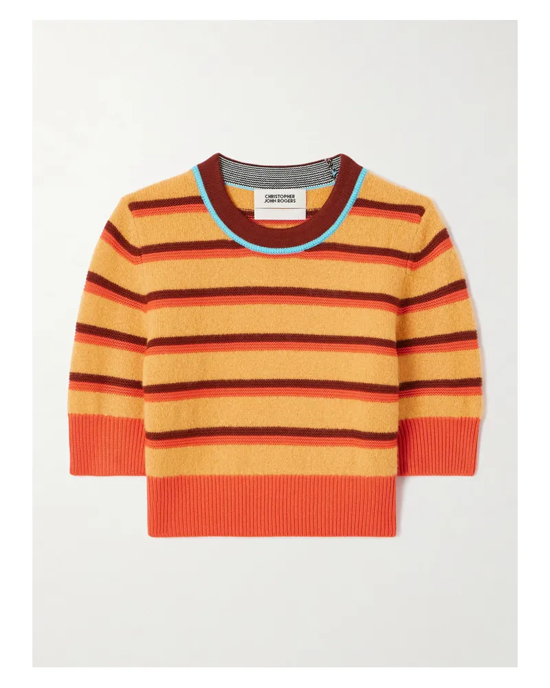 Christopher John Rogers Gestreifter, Kurzärmeliger Pullover Aus Einer Gebürsteten Merinowollmischung - Orange Orange