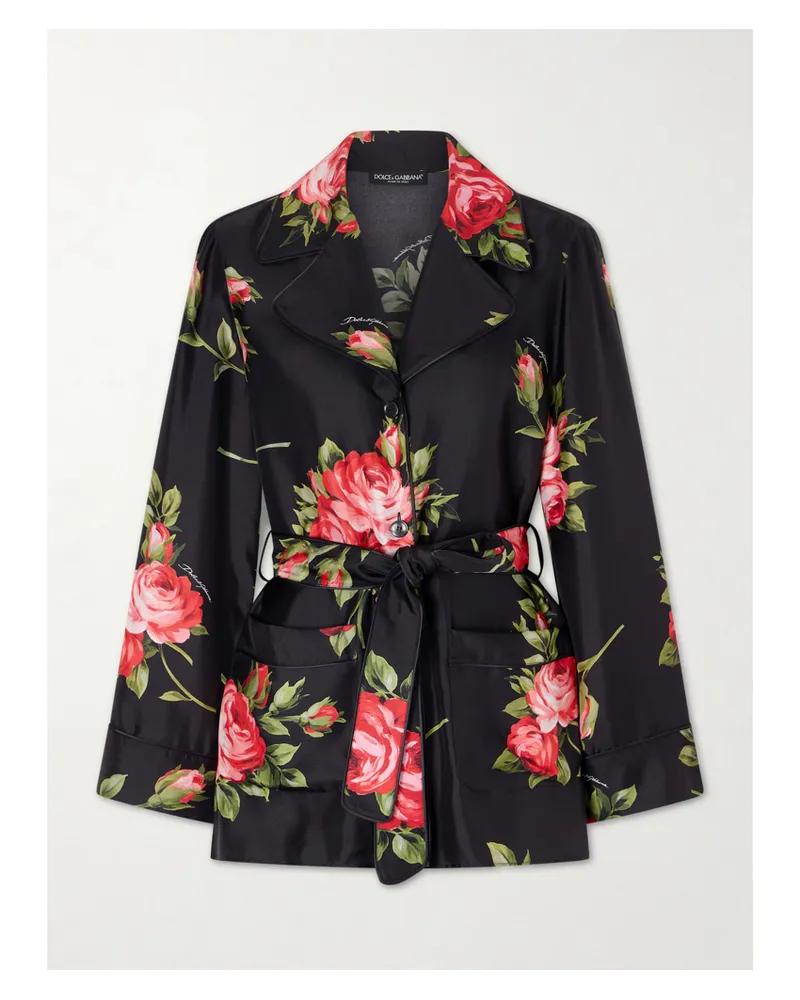 Dolce & Gabbana Hemd Aus Seiden-twill Mit Blumenprint Und Bindegürtel - Schwarz Schwarz