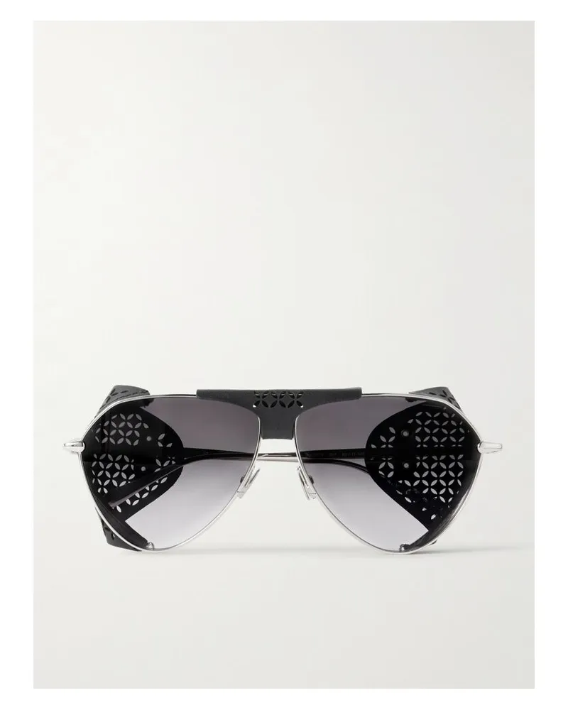 Alaïa Silberfarbene Pilotensonnenbrille Mit Besätzen Aus Perforiertem Leder Silber