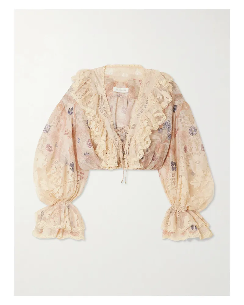 Zimmermann Rebellion Lace-up Ruffled Floral-print Linen And Silk-blend Top - Neutrals Neutrals