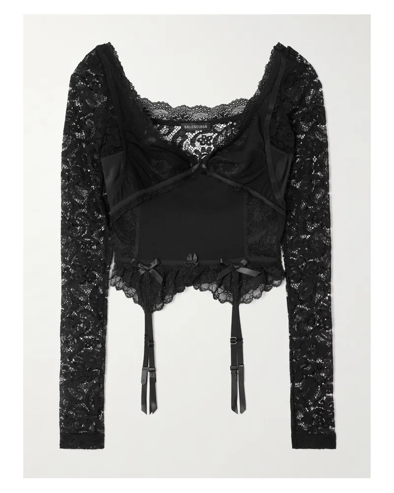 Balenciaga Cropped Jersey And Tulle-trimmed Lace Top - Black Black
