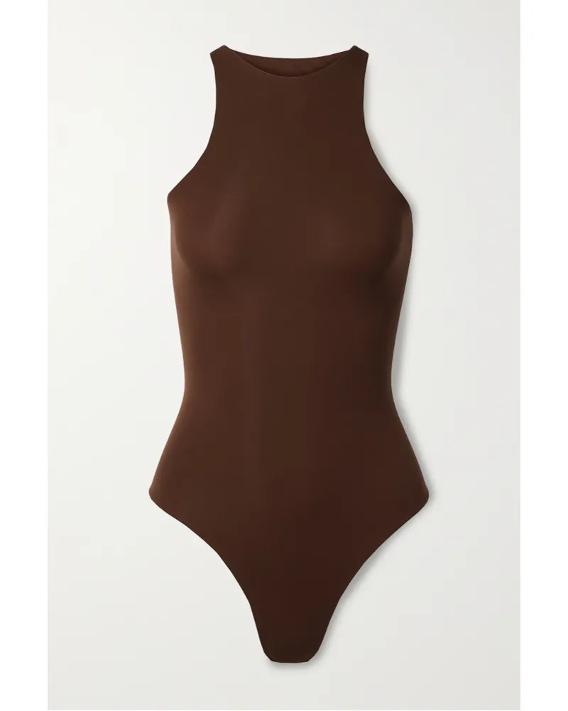 SKIMS Fits Everybody High Neck Bodysuit – Cocoa – String-body aus Glänzendem Stretch-jersey Neutral