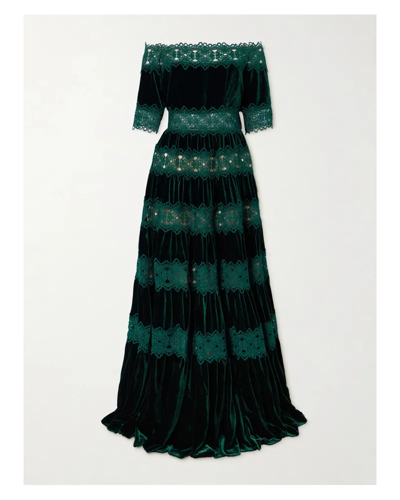 COSTARELLOS Off-the-shoulder Striped Lace And Velvet Gown - Green Green