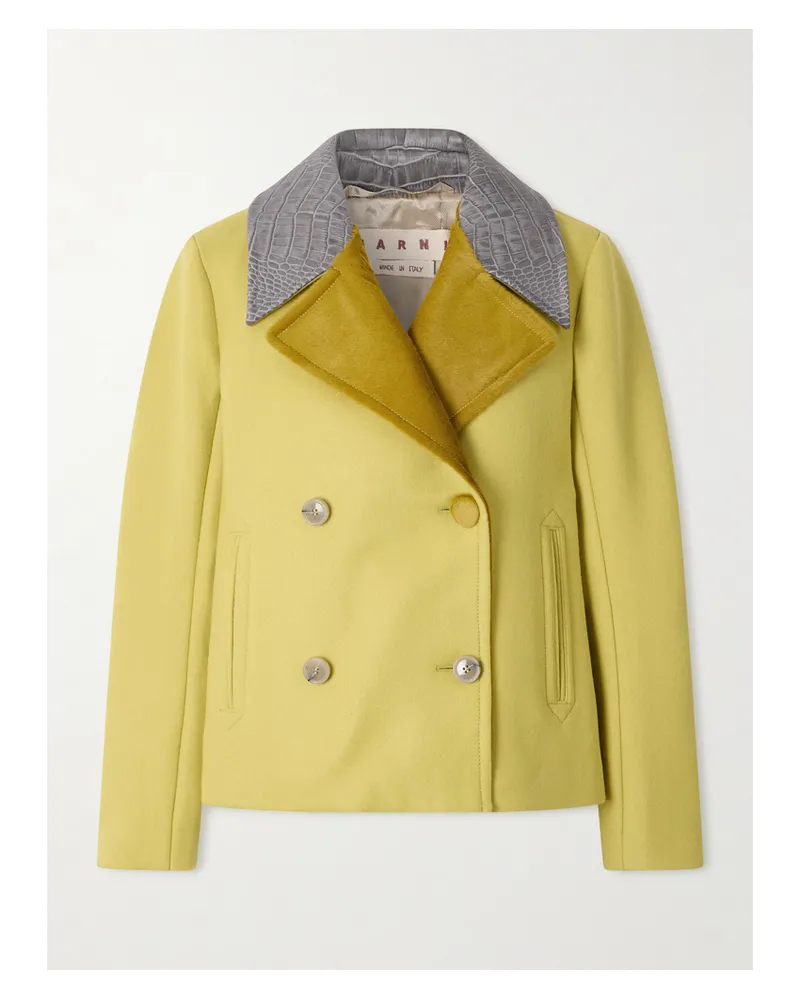Marni Doppelreihige Jacke Aus Wolle Mit Besatz Aus Leder Mit Krokodileffekt - Gelb Gelb