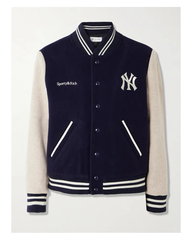 SPORTY & RICH 47 And New York Yankees Leather-trimmed Embroidered Wool-felt Bomber Jacket - Blue Blue