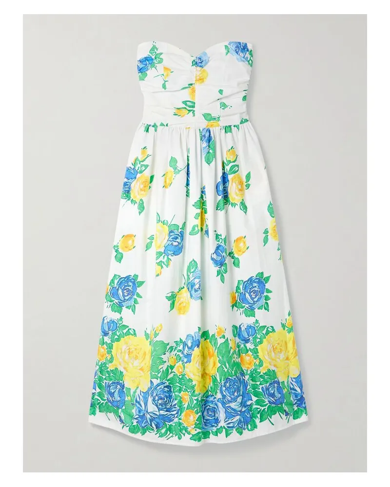 Loretta Caponi Desideria Trägerloses Midikleid Aus Baumwoll-voile Mit Blumenprint - Weiß Weiß