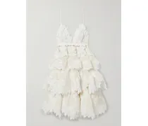 Crush Minikleid Aus Einer Leinen-seidenmischung Mit Spitzenbesätzen, Rüschen Und Stufen - Elfenbein