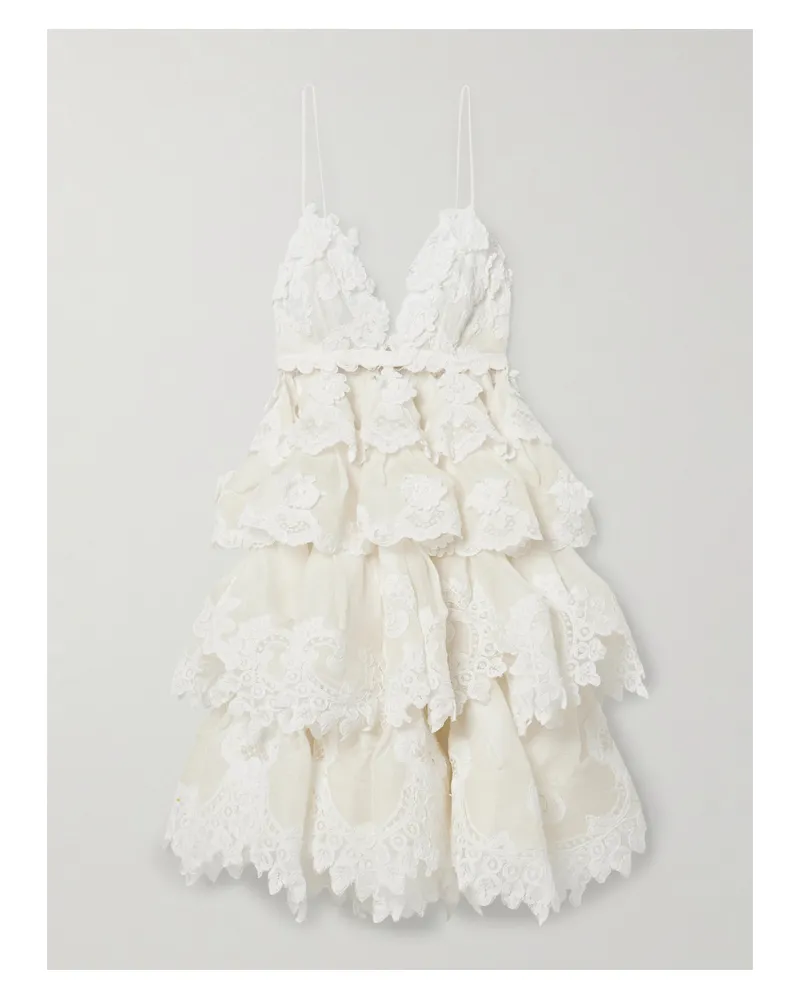 Zimmermann Crush Minikleid Aus Einer Leinen-seidenmischung Mit Spitzenbesätzen, Rüschen Und Stufen - Elfenbein Elfenbein