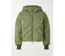 Hooded Appliquéd Leather-trimmed Padded Quilted Shell Down Jacket - Green