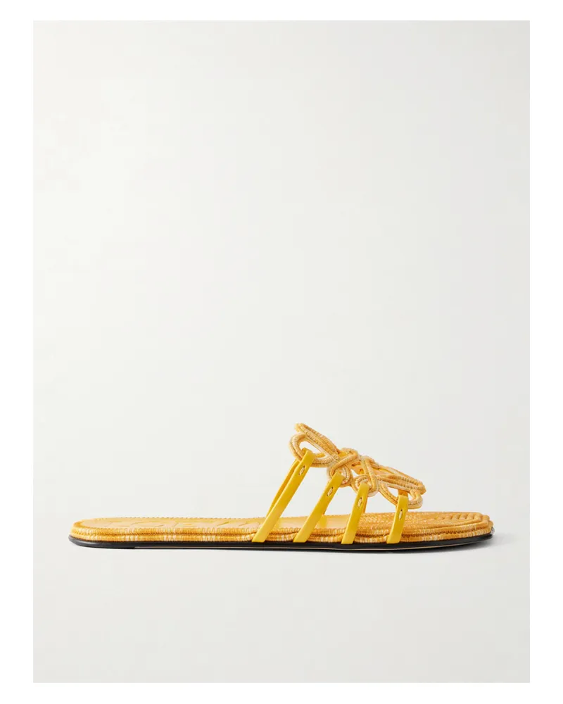 Loewe Paula's Ibiza Leather-trimmed Embroidered Canvas Slides - Yellow Yellow