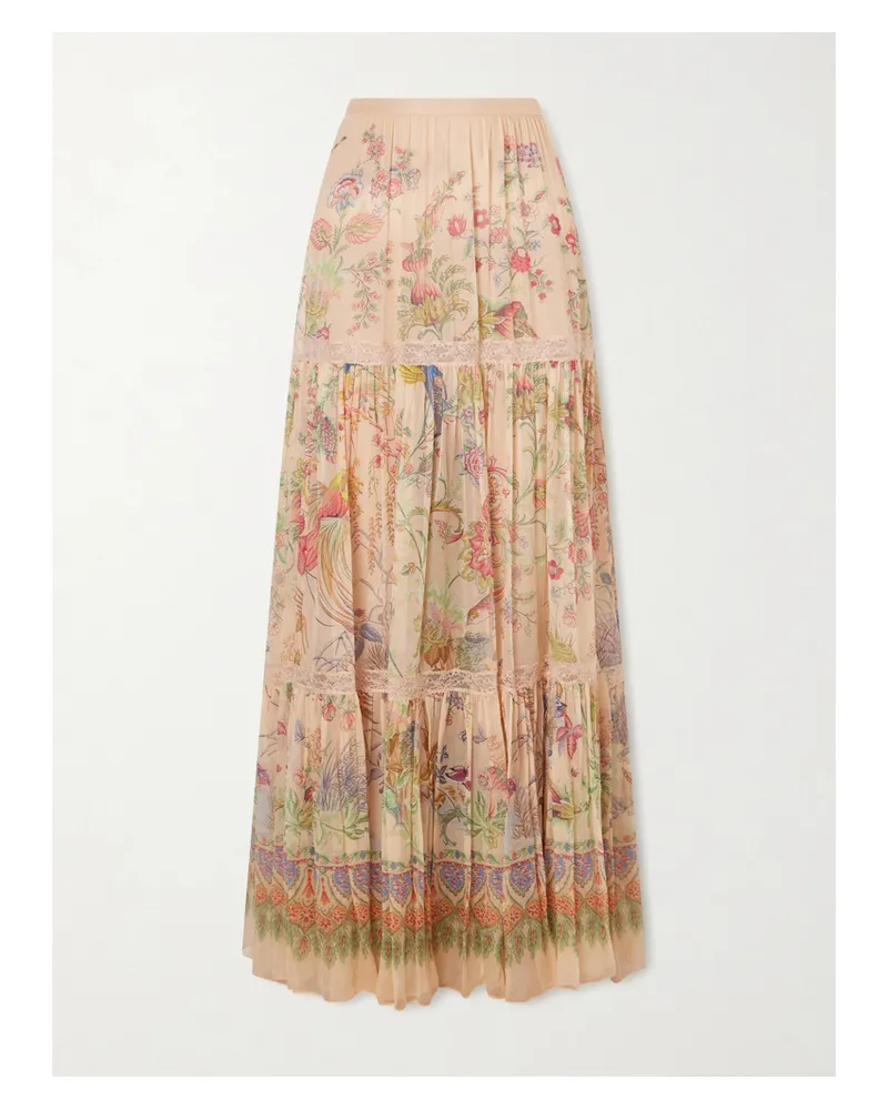 Etro Tiered Pleated Lace-trimmed Printed Silk Maxi Skirt - Multi Multi