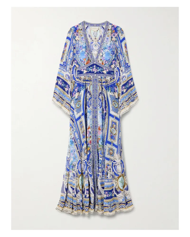 Camilla Crystal-embellished Shirred Printed Silk-chiffon Maxi Dress - Blue Blue
