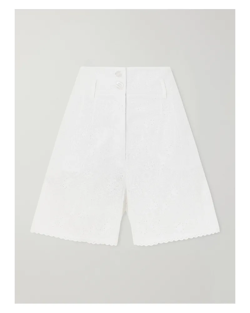 Loretta Caponi Rocchetta Scalloped Broderie Anglaise Cotton Shorts - White White