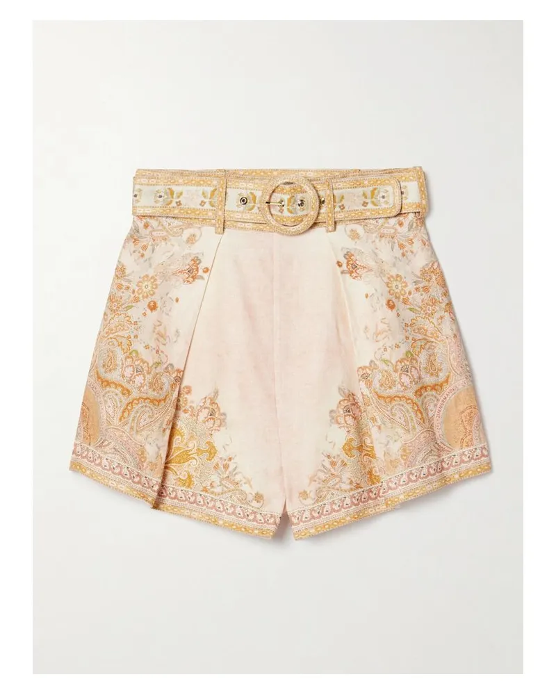Zimmermann Acacia Shorts Aus Bedrucktem Leinen Mit Falten Und Gürtel - Neutral Neutral