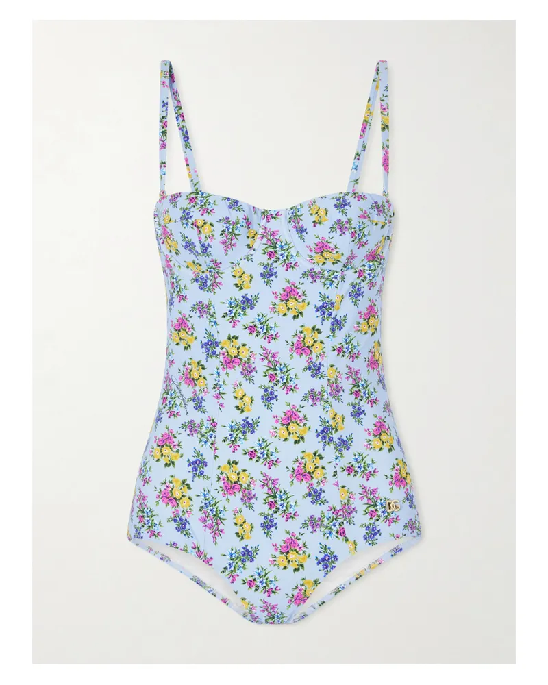 Dolce & Gabbana Embellished Floral-print Swimsuit - Blue Blue