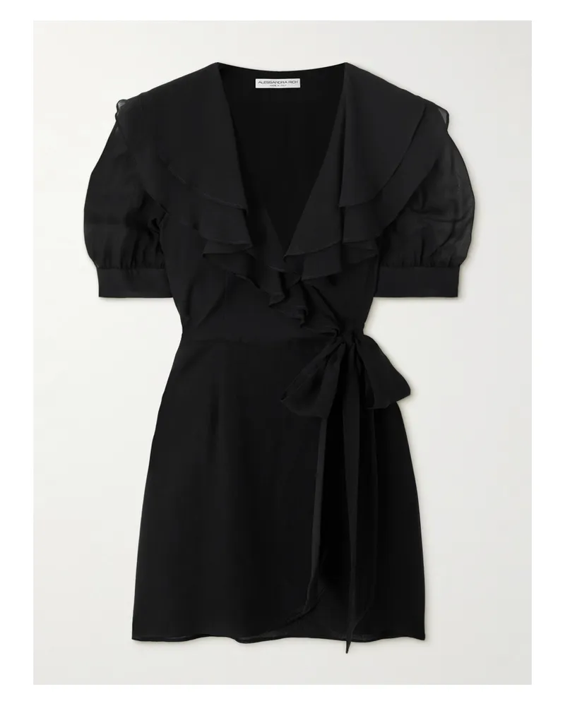 Alessandra Rich Mini-wickelkleid Aus Seiden-georgette Mit Rüschen - Schwarz Schwarz