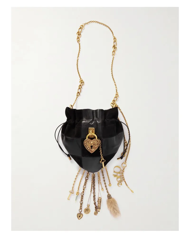 Chloé Château Treasures Schultertasche Aus Leder Und Veloursleder In Patchwork-optik Mit Verzierungen - Schwarz Schwarz