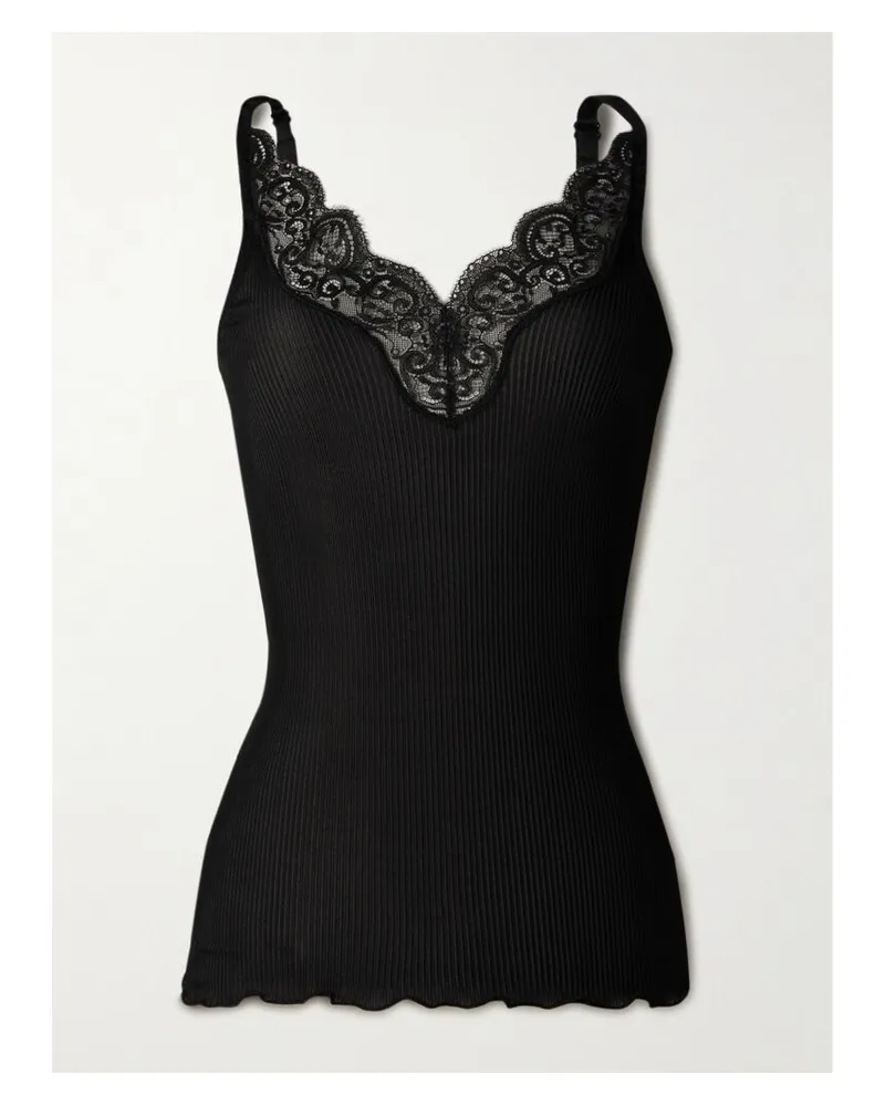 Saint Laurent Tanktop Aus Geripptem Seiden-jersey Mit Spitzenbesatz - Schwarz Schwarz