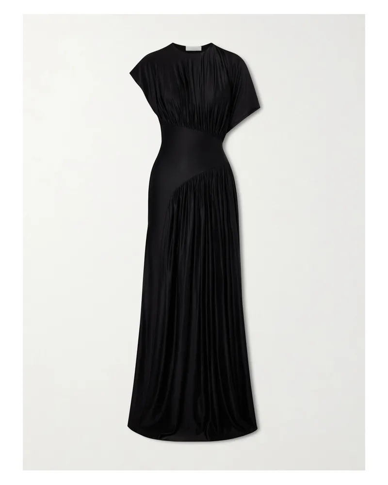 Paco Rabanne Asymmetric Gathered Satin Maxi Dress - Black Black