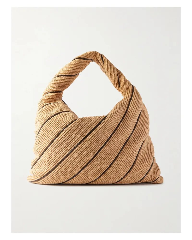 Bottega Veneta Hop Large Striped Leather-trimmed Raffia Shoulder Bag - Neutrals Neutrals