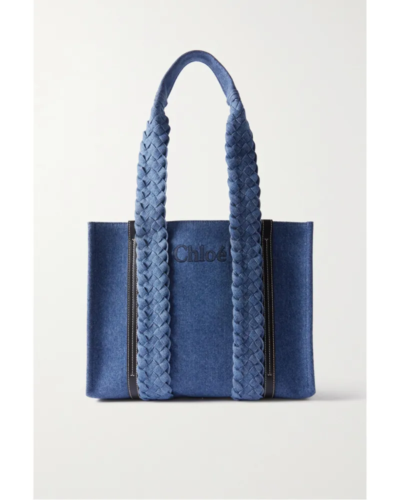 Chloé Woody Schultertasche aus Denim Blau