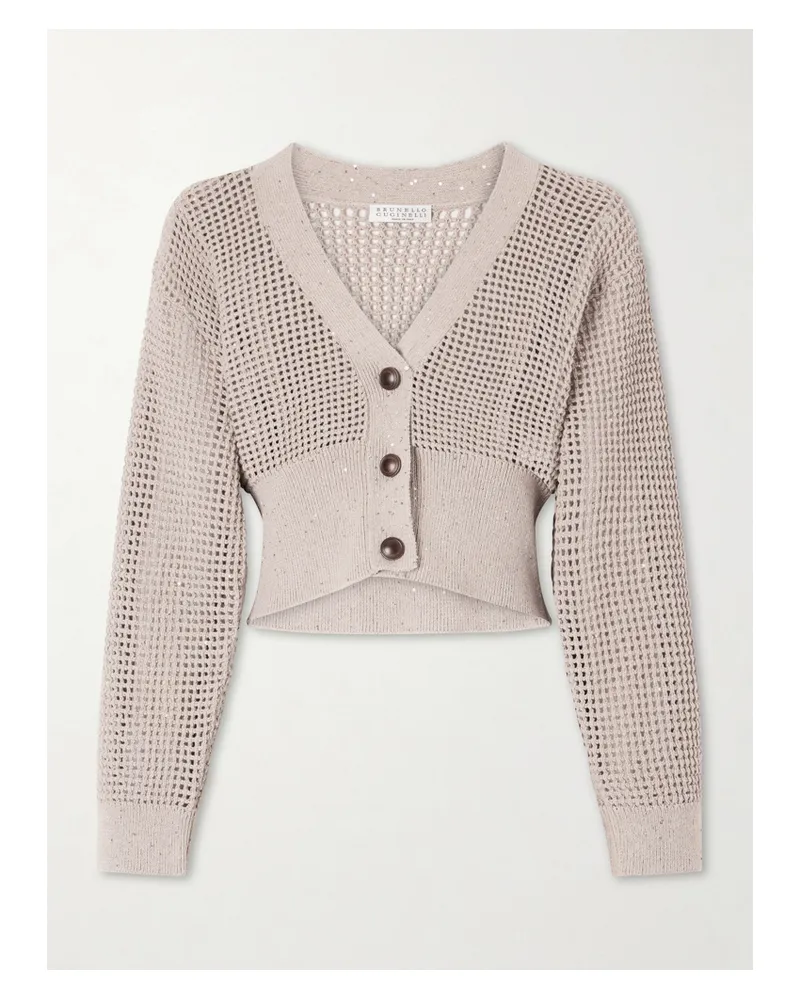 Brunello Cucinelli Sequin-embellished Open-knit Cotton-blend Cardigan - Neutrals Neutrals