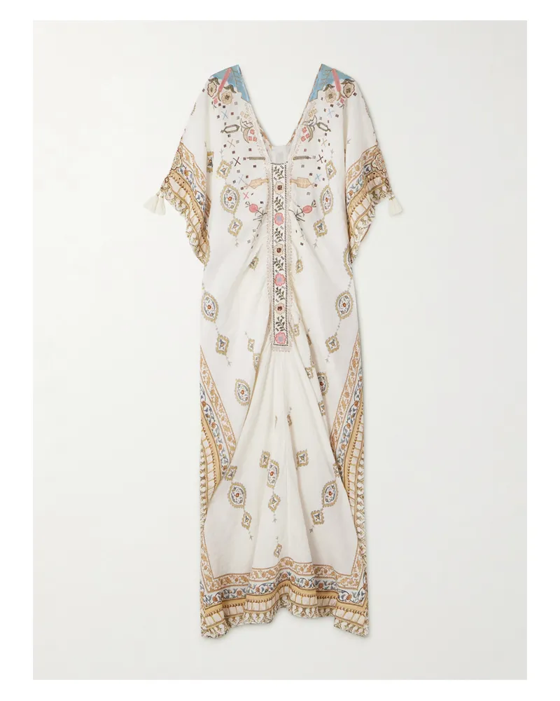 Camilla Kaftan Aus Bedrucktem Leinen Mit Stickereien Und Troddeln - Creme Creme