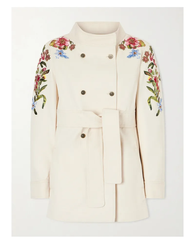 Valentino Garavani Belted Embellished Embroidered Denim Jacket - Cream Cream