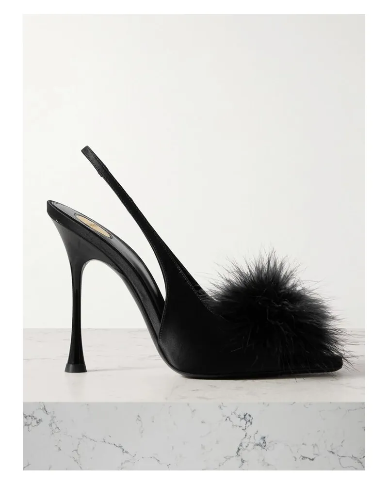 Saint Laurent Paradis Slingback-sandalen Aus Satin Mit Federn - Schwarz Schwarz