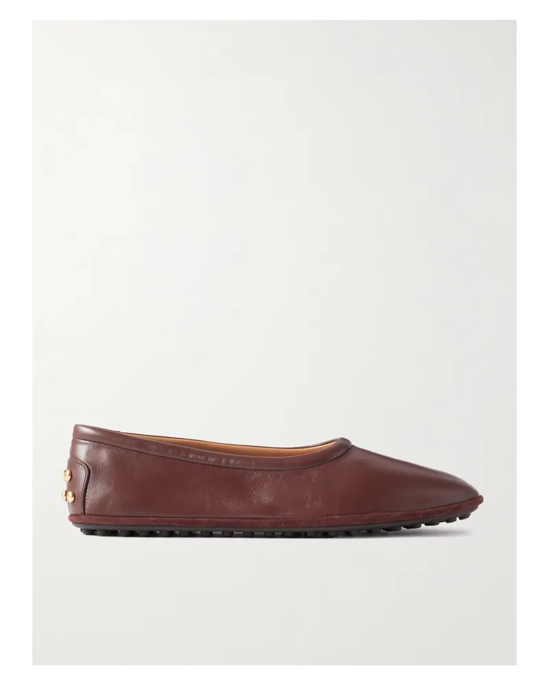 TOD'S Studded Suede-trimmed Glossed-leather Ballet Flats - Brown Brown