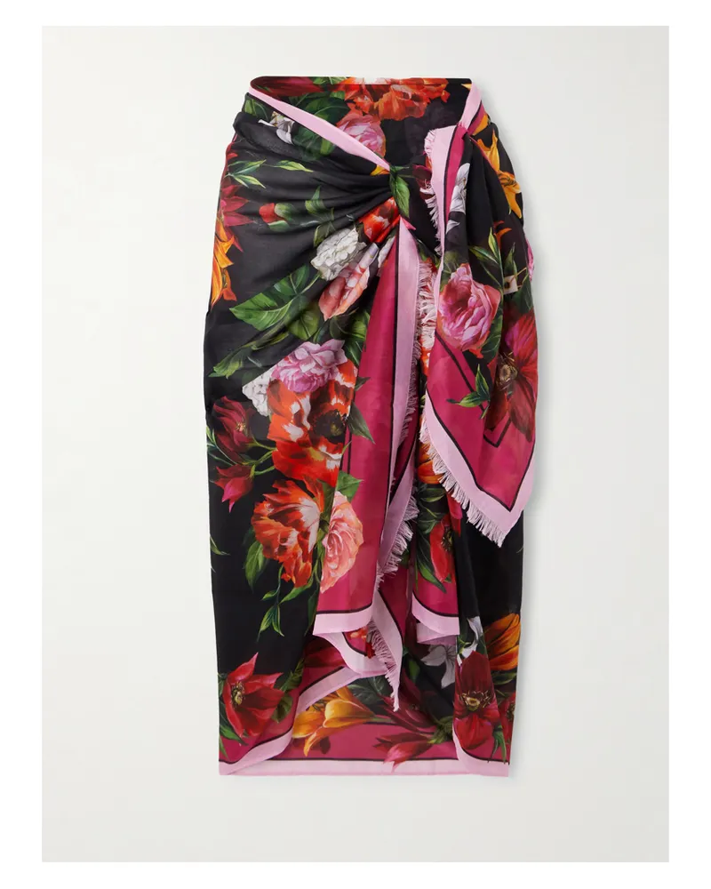 Dolce & Gabbana Pareo Aus Baumwoll-voile Mit Blumenprint Und Fransen - Schwarz Schwarz