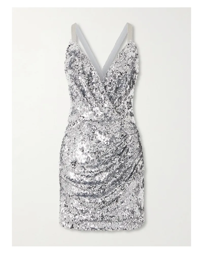 Dolce & Gabbana Ruched Sequined Tulle Mini Dress - Silver Silver