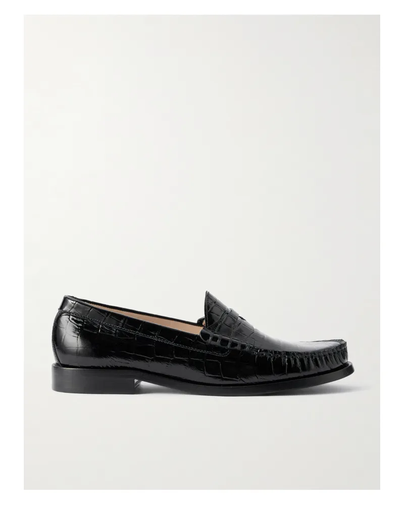 Stuart Weitzman Lottie Croc-effect Polished-leather Loafers - Black Black